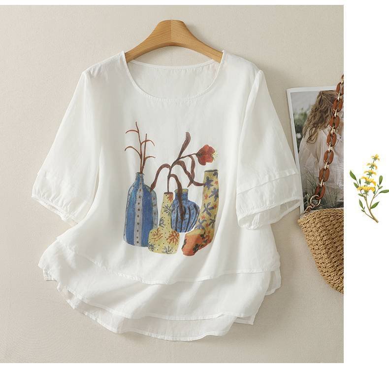 レディース シャツ トップス Tシャツ 半袖 プリント ゆったり コットン 綿 麻 春夏 きれいめ 通勤 体型カバー 前開き デニム 春 夏 プルオーバー レイヤード