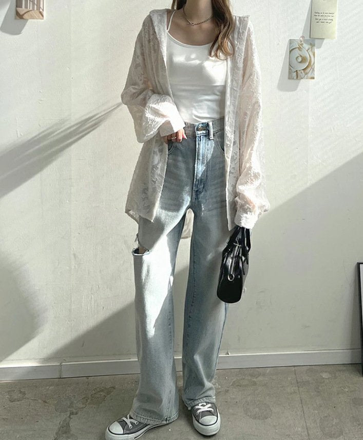 シャツ トップス 長袖 無地 春夏 きれいめ 旅行 前開き 春 夏 レース シンプル 上品 シフォン ビーチ タイ レギュラー ポリエステル