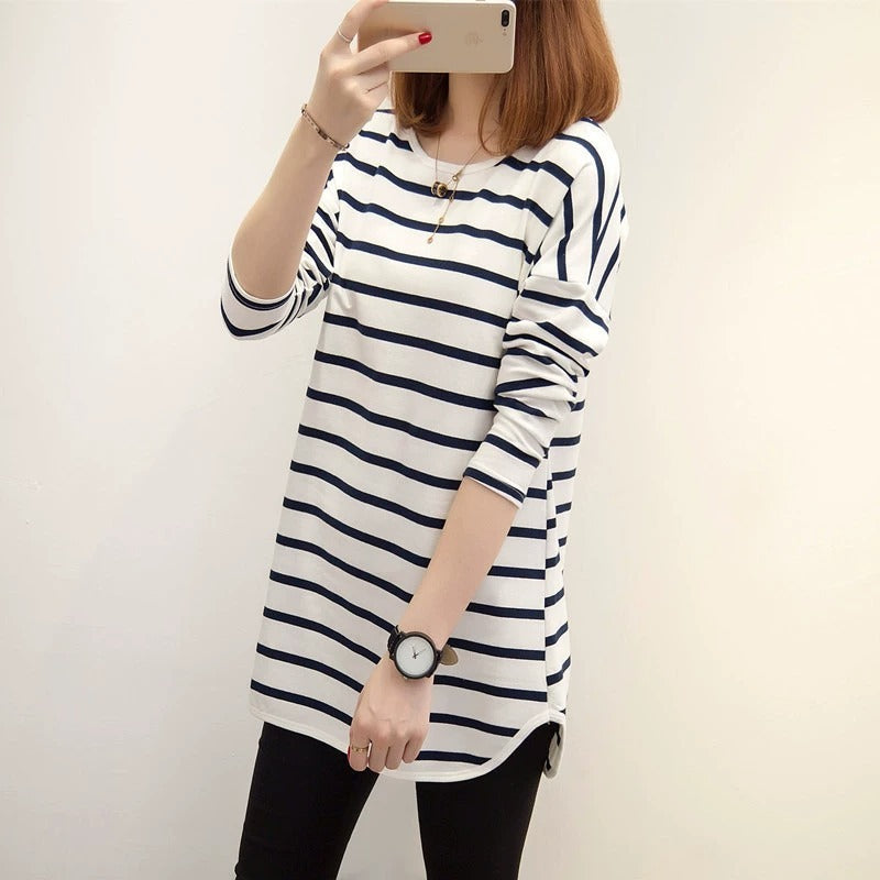 ラウンドヘム レディース トップス ロンT カットソー チュニック Tシャツ ミディアム ミドル丈 長袖 ドロップショルダー ラウンドネック オーバーサイズ  フェミニン アメカジ かわいい 大人可愛い きれいめ シンプル カジュアル 上品 おしゃれ こなれ感 ラフ 抜け感 ベーシック ボーダー 春 秋 ママ 学生 学校 通学 お出かけ お泊まり 旅行 休日 高原 ガーデン ショッピング カフェ 普段使い 着回し 体型カバー 定番 M L XL ゆったり 白 ホワイト