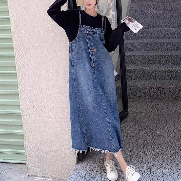 レディース ワンピース デニム ジャンパースカート デニムスカート カバーオール マキシ 袖なし ノースリーブ スクエアネック セミフレア アシンメトリー フェミニン ストリート スリット バックスリット ポケット ヴィンテージ アメカジ ダメージ ブルーデニム フリンジ かわいい 大人可愛い シンプル カジュアル おしゃれ かっこいい レトロ ベーシック オールシーズン 重ね着 レイヤード S M L XL 2XL 3XL 4XL 5XL 小さいサイズ 大きいサイズ ビッグ ゆったり ゆる ブルー 青