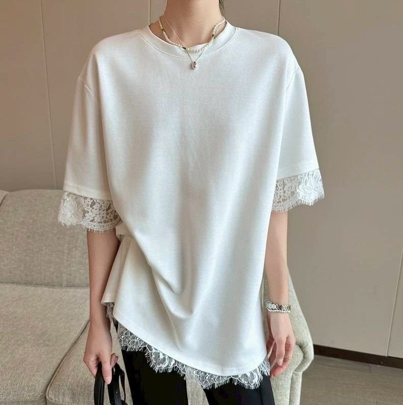 レディース Tシャツ 半袖 ボーダー ストライプ 無地 ゆったり 春夏 体型カバー 春 夏 ラウンドネック レース シンプル クルーネック シャツ レギュラー