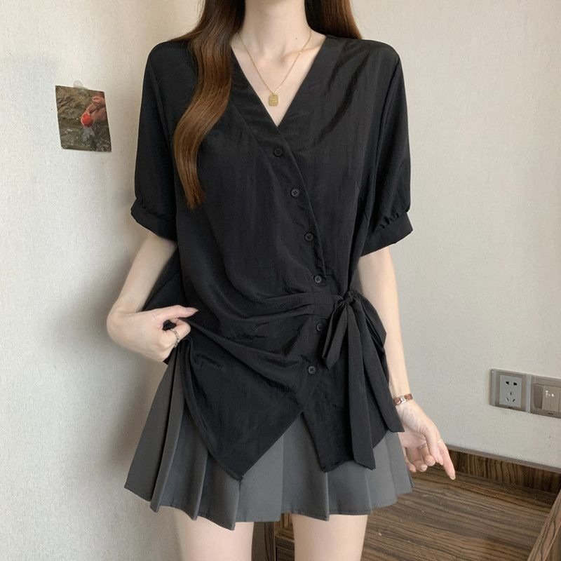 レディース シャツ トップス Tシャツ 半袖 無地 スリム 春夏 きれいめ 通勤 大きいサイズ 前開き Vネック 春 夏 シンプル リボン 個性的 レギュラー ボタン ポリエステル