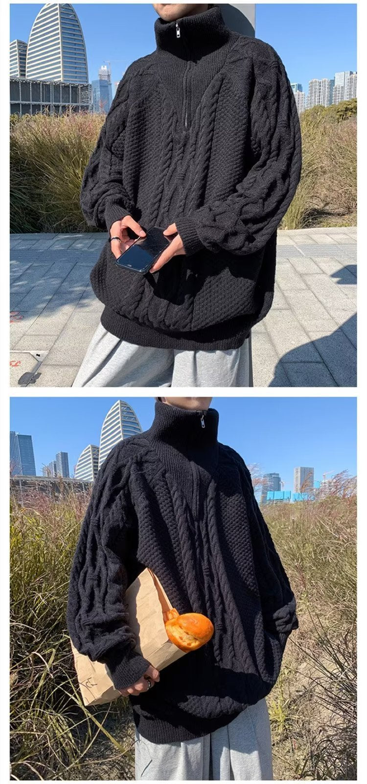 ニット ジャケット 長袖 ゆったり コットン 綿 麻 冬 体型カバー タートルネック セーター ハーフ ヴィンテージ