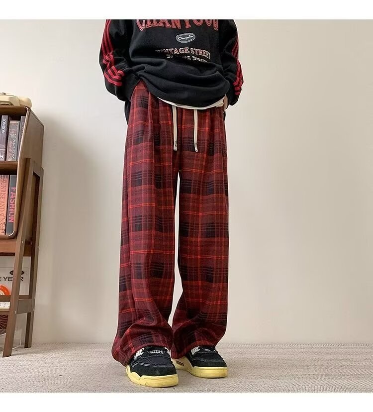 パンツ チェック柄 ワイド 春 秋冬 カジュアル 秋 冬 ストレート ヴィンテージ ポリエステル