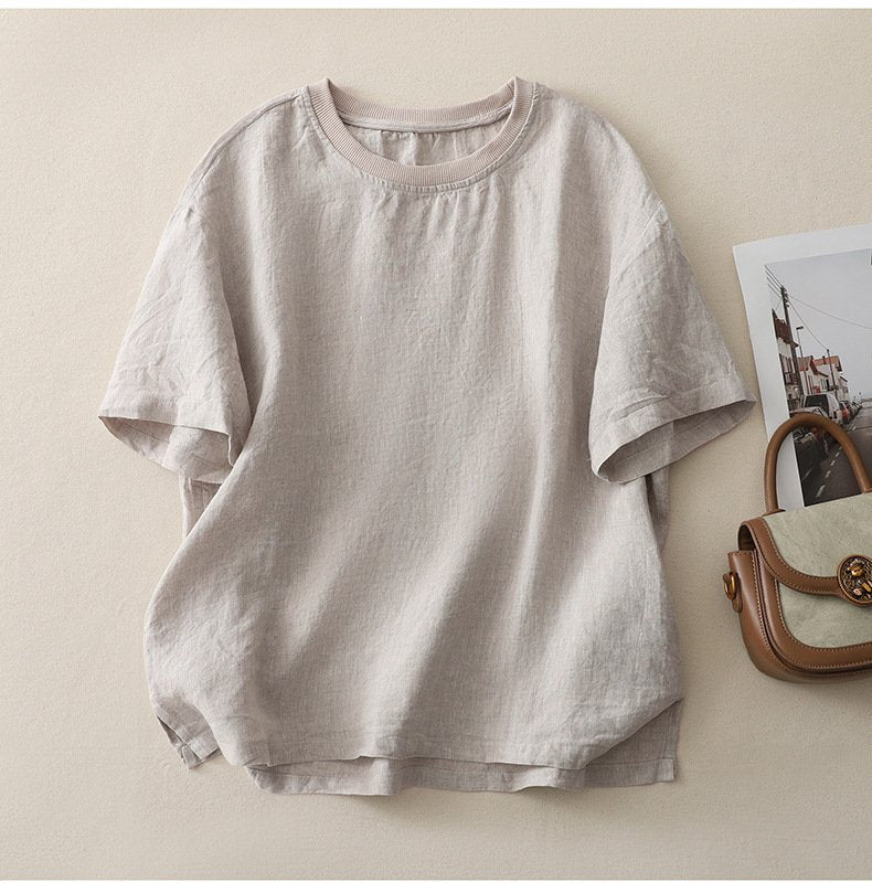 レディース トップス Tシャツ 半袖 無地 ゆったり 春夏 カジュアル レトロ 春 夏 ラウンドネック シンプル シャツ 切り替えデザイン プルオーバー リブ レギュラー ポリエステル