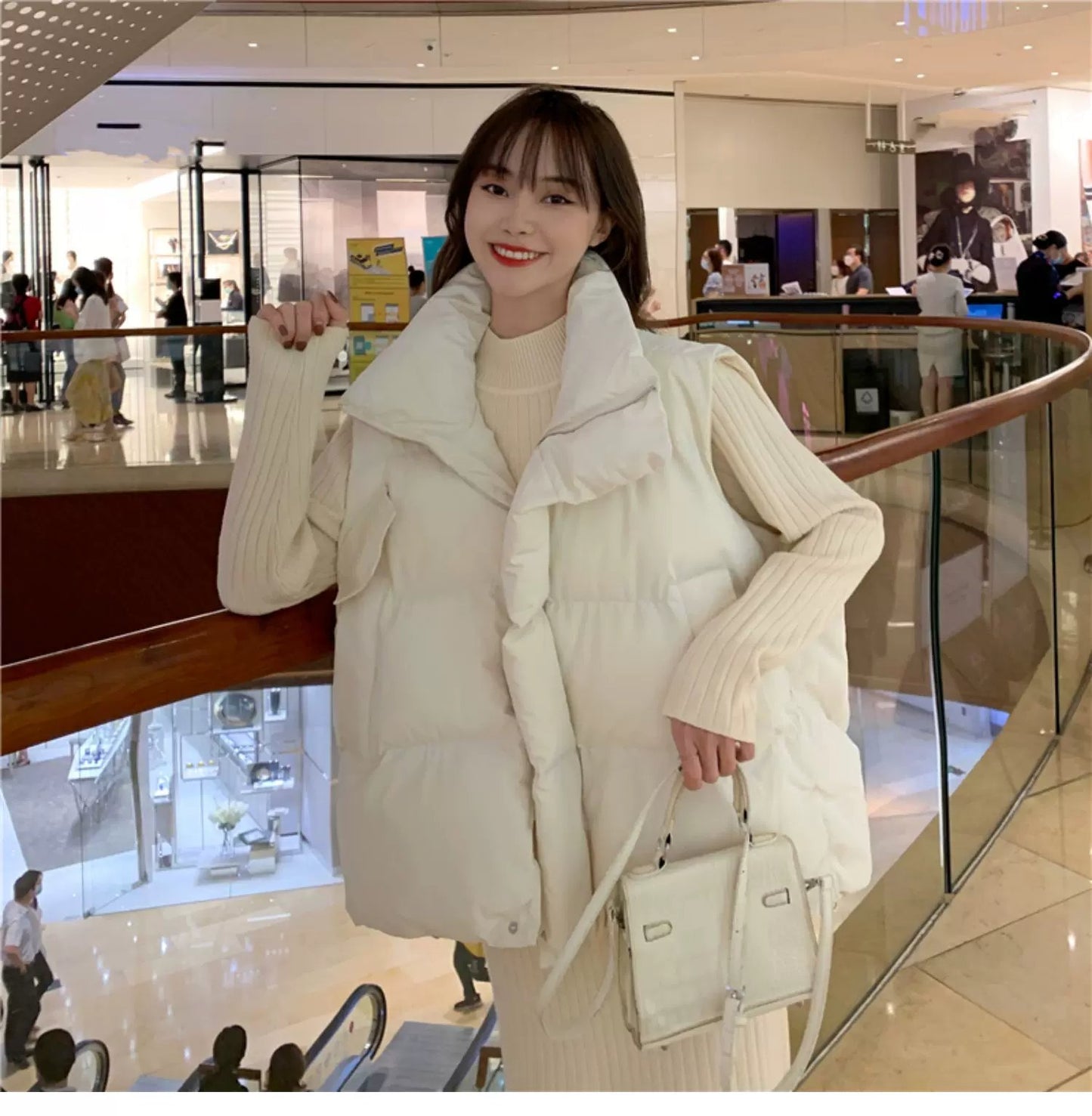 レディース ベスト ジャケット 無地 ゆったり ワイド コットン 綿 秋冬 秋 カジュアル 膝丈 シンプル 冬 ダウン スタンドカラー タイ アウター ポリエステル
