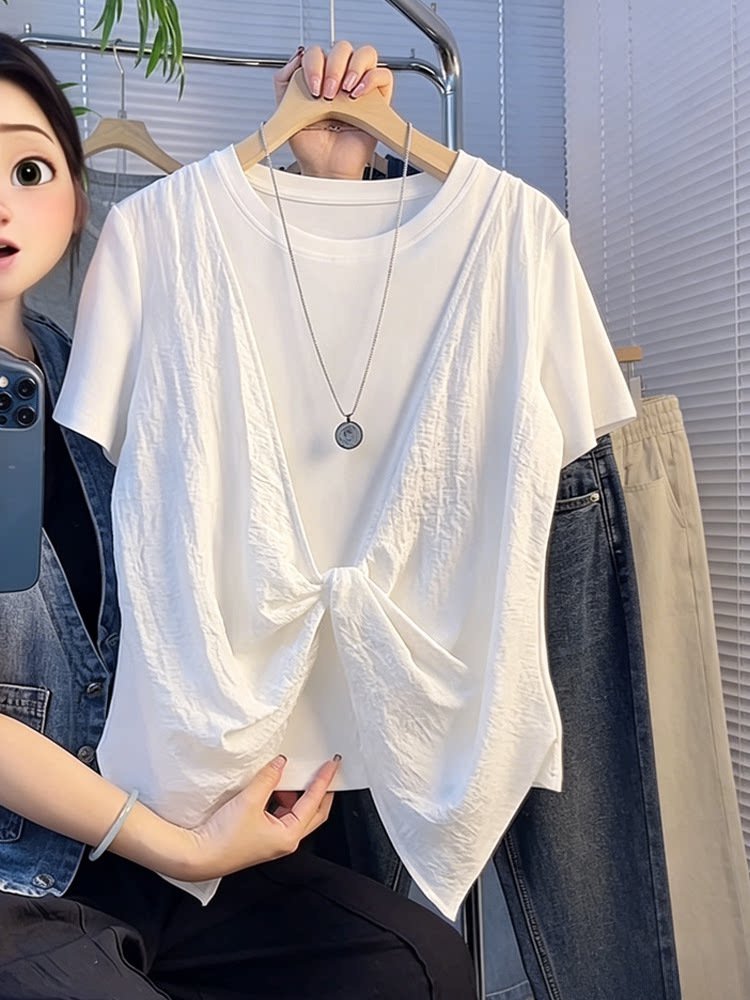 レディース Tシャツ 半袖 ゆったり コットン 綿 春夏 カジュアル 体型カバー 春 夏 ラウンドネック シャツ 切り替えデザイン レイヤード タイ レギュラー
