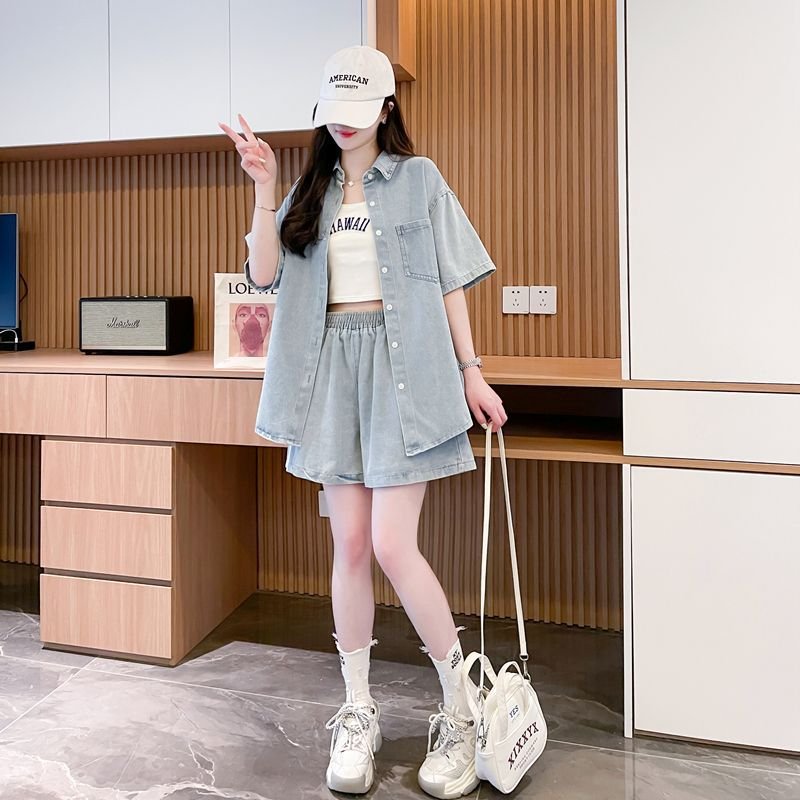 シャツ パンツ ゆったり デニム 春夏 カジュアル 大きいサイズ 前開き 春 夏 ハーフ セットアップ ポリエステル