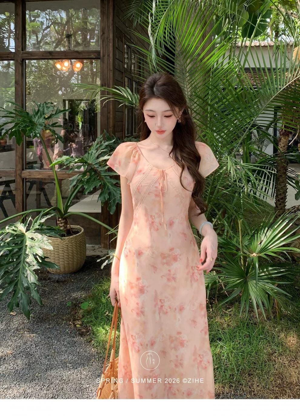 ワンピース ドレス 半袖 花柄 春夏 カジュアル Vネック 春 夏 リゾート ロング フリル ピンク オレンジ Aライン