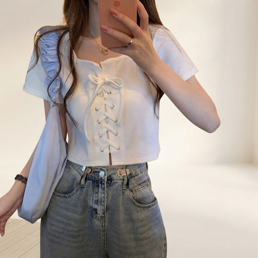 レディース トップス Tシャツ 半袖 オーバーサイズ スリム 春夏 きれいめ レトロ Vネック 春 夏 スクエアネック 上品 シャツ ハイウエスト