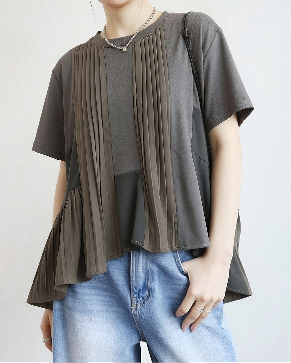 レディース トップス Tシャツ 半袖 無地 春夏 レトロ プリーツ 春 夏 シンプル シフォン シャツ