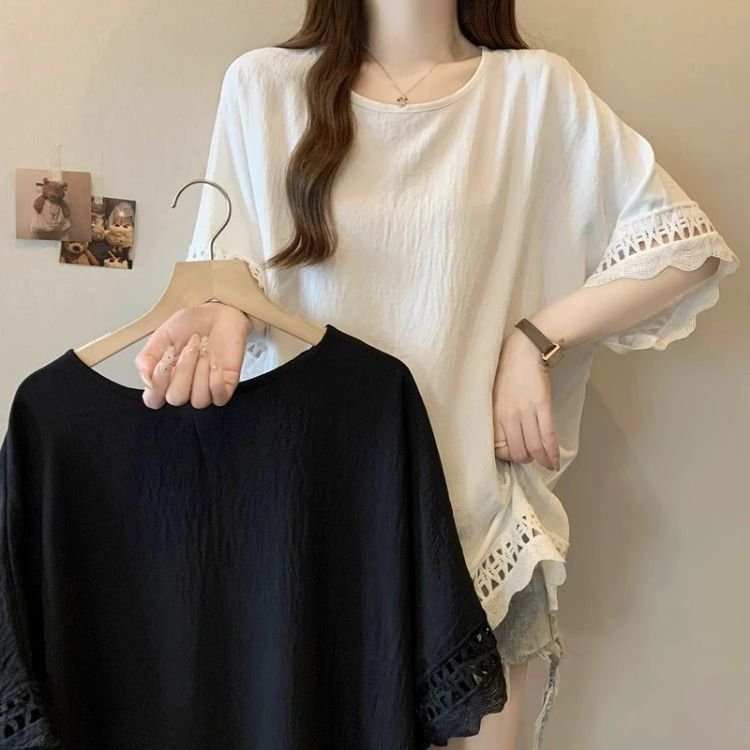 トップス 半袖 無地 ゆったり 春夏 カジュアル 大きいサイズ 春 夏 ラウンドネック レース シンプル ミモレ ポリエステル
