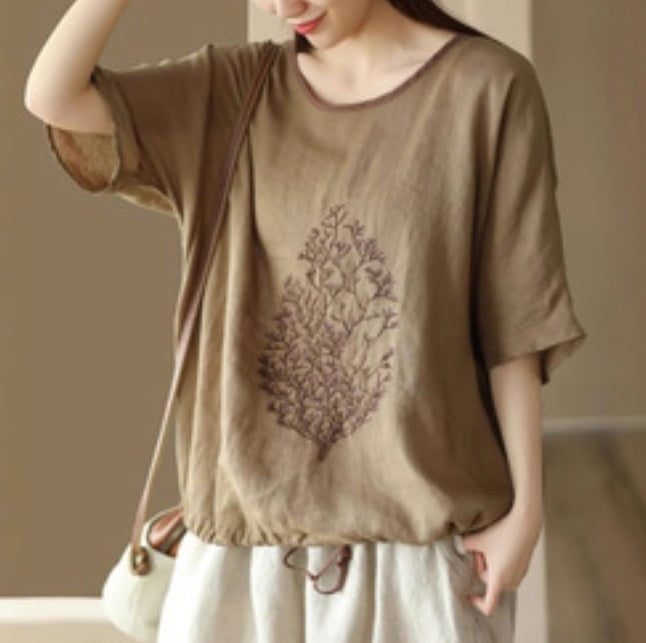 レディース トップス カットソー プルオーバー パイピング Tシャツ 半袖 ラウンドネック ストリート ハイウエスト ドロスト リネン 綿 コットン 麻 かわいい 大人可愛い きれいめ シンプル カジュアル おしゃれ レトロ プレッピー アクティブ ナチュラル リーフ ボタニカル 夏 お出かけ イベント リゾート 旅行 公園 女子会 休日 楽ちん 普段使い 着回し M L XL 2XL 3XL 4XL 小さいサイズ 大きいサイズ ビッグ ゆったり ゆる 茶色 ブラウン オフホワイト ベージュ オレンジ