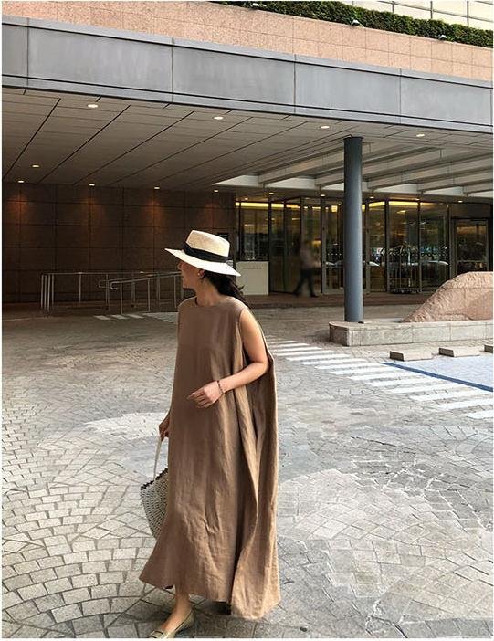 ドレス ノースリーブ 無地 春夏 きれいめ 袖なし 春 夏 ラウンドネック シンプル ロング 上品