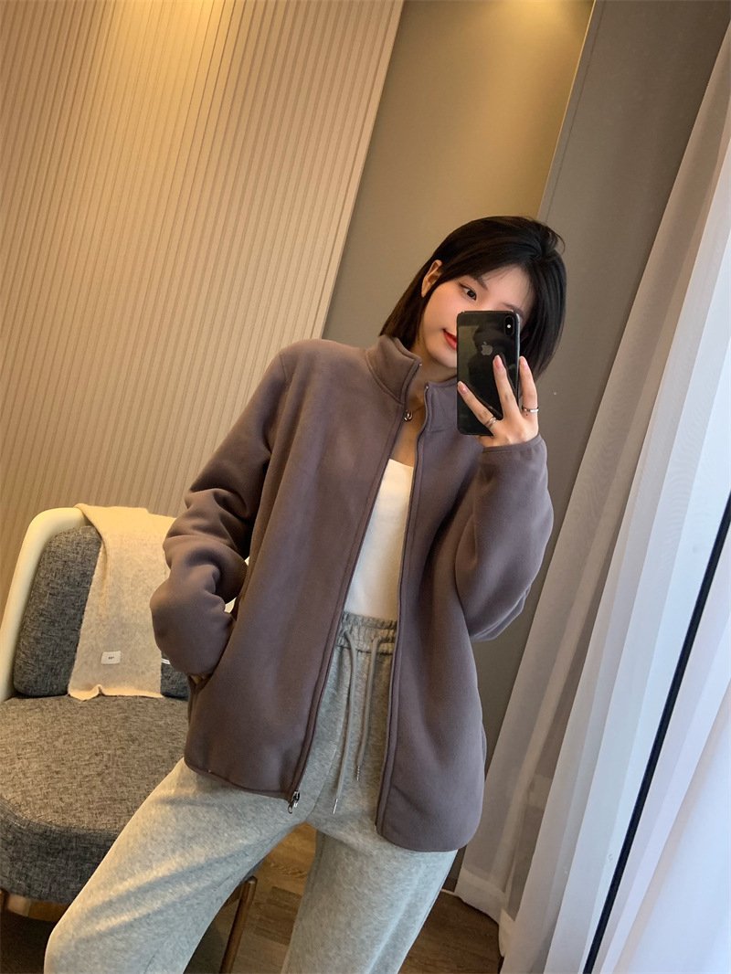 レディース カーディガン コート ジャケット 長袖 無地 秋冬 秋 カジュアル 膝丈 シンプル 冬 フリース カップル ウール スタンドカラー アウター
