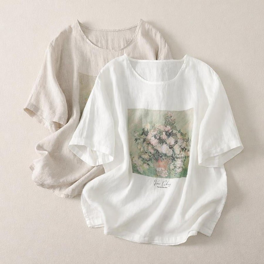 レディース トップス Tシャツ ニット 半袖 プリント コットン 綿 リネン 春夏 きれいめ 通勤 デニム 春 夏 シャツ プルオーバー 丸首