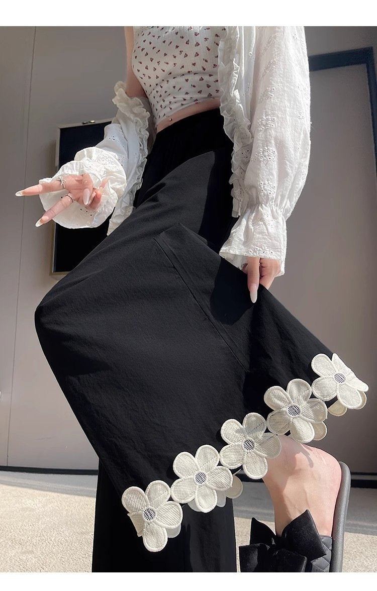 レディース パンツ 花柄 ゆったり ワイド 春夏 カジュアル きれいめ 春 夏 レース ブラック 上品 ロング ワイドパンツ ストレッチ ポリエステル 森ガール
