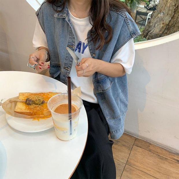 レディース ベスト ノースリーブ ゆったり デニム 春 秋 カジュアル 体型カバー 膝丈 学生 襟付き タイ