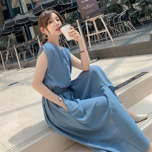ワンピース ノースリーブ 無地 夏 きれいめ 通勤 春夏 袖なし Vネック シンプル ロング 上品 ウエストマーク