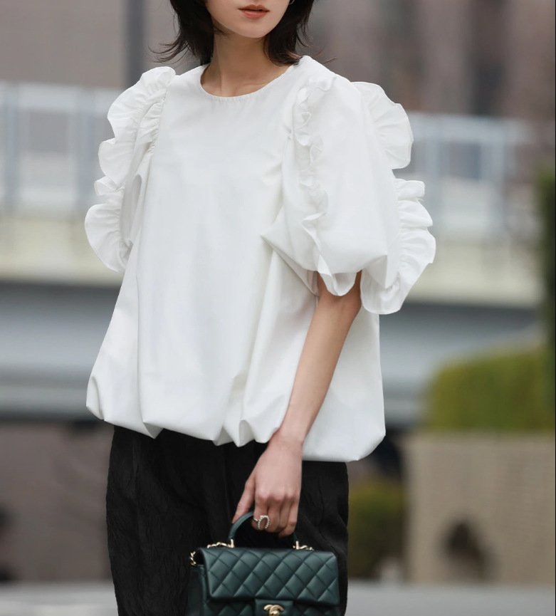 レディース ブラウス シャツ Tシャツ ボーダー ストライプ 無地 春夏 きれいめ 通勤 オフィス 前開き 春 夏 ラウンドネック シンプル シフォン フリル パフスリーブ プルオーバー シフォンブラウス