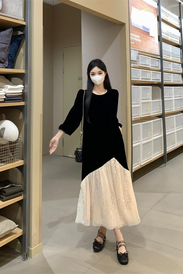 レディース ワンピース 膝下 ミモレ ロング 長袖 ドロップショルダー ラウンドネック Aライン 裾ワイド フェミニン 切り替えデザイン バイカラー 配色 レース 異素材ミックス バイカラー かわいい 大人可愛い きれいめ シンプル おしゃれ こなれ感 エレガント 存在感 抜け感 ラグジュアリー シック 無地 秋冬 誕生日 ハロウィン クリスマス バレンタイン デート お出かけ イベント レストラン 女子会 ホテル コンサート 清楚 インスタ映え L XL 2XL 3XL 大きいサイズ ベーシックカラー