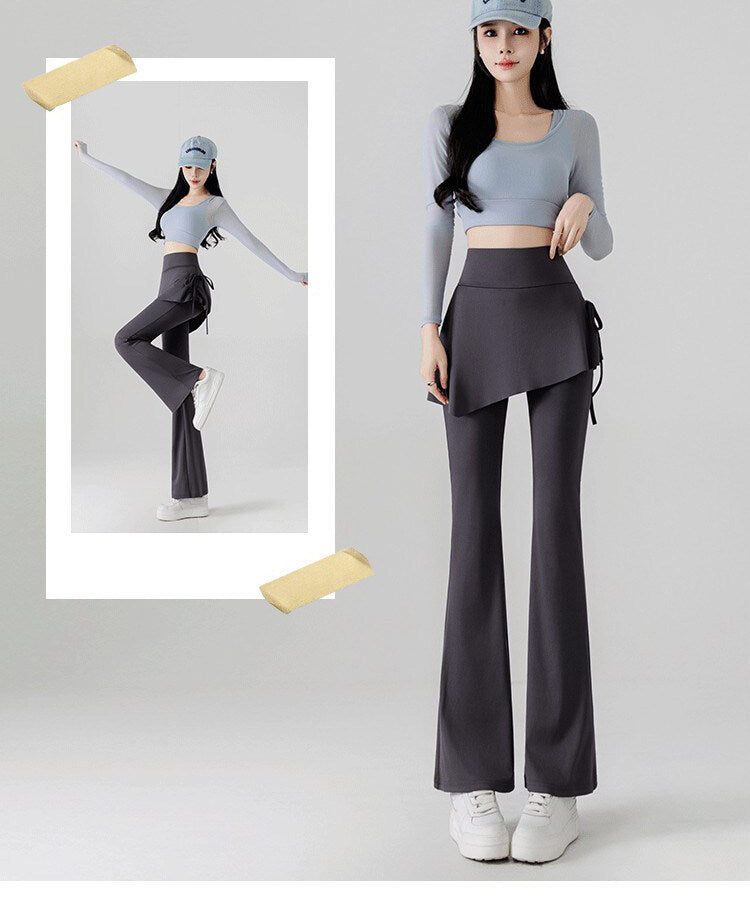 レディース ボトムス ロングパンツ フレアパンツ 重ね着風 フェイクレイヤード アシンメトリー 切り替え 裾ワイド フェミニン リボン ハイウエスト かわいい 大人可愛い きれいめ シンプル カジュアル 上品 おしゃれ こなれ感 スポーティー ガーリー 抜け感 無地 春 夏 秋 学生 学校 通学 お出かけ お泊まり ジム 公園 女子会 休日 高原 ガーデン ショッピング カフェ ダンス ヨガ トレーニング 美脚 脚長 普段使い 着回し M L XL 黒 ブラック グレー
