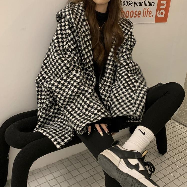 レディース カーディガン コート ジャケット チェック柄 ゆったり 秋 膝丈 ブラック ダウン パーカー フード ダウンジャケット