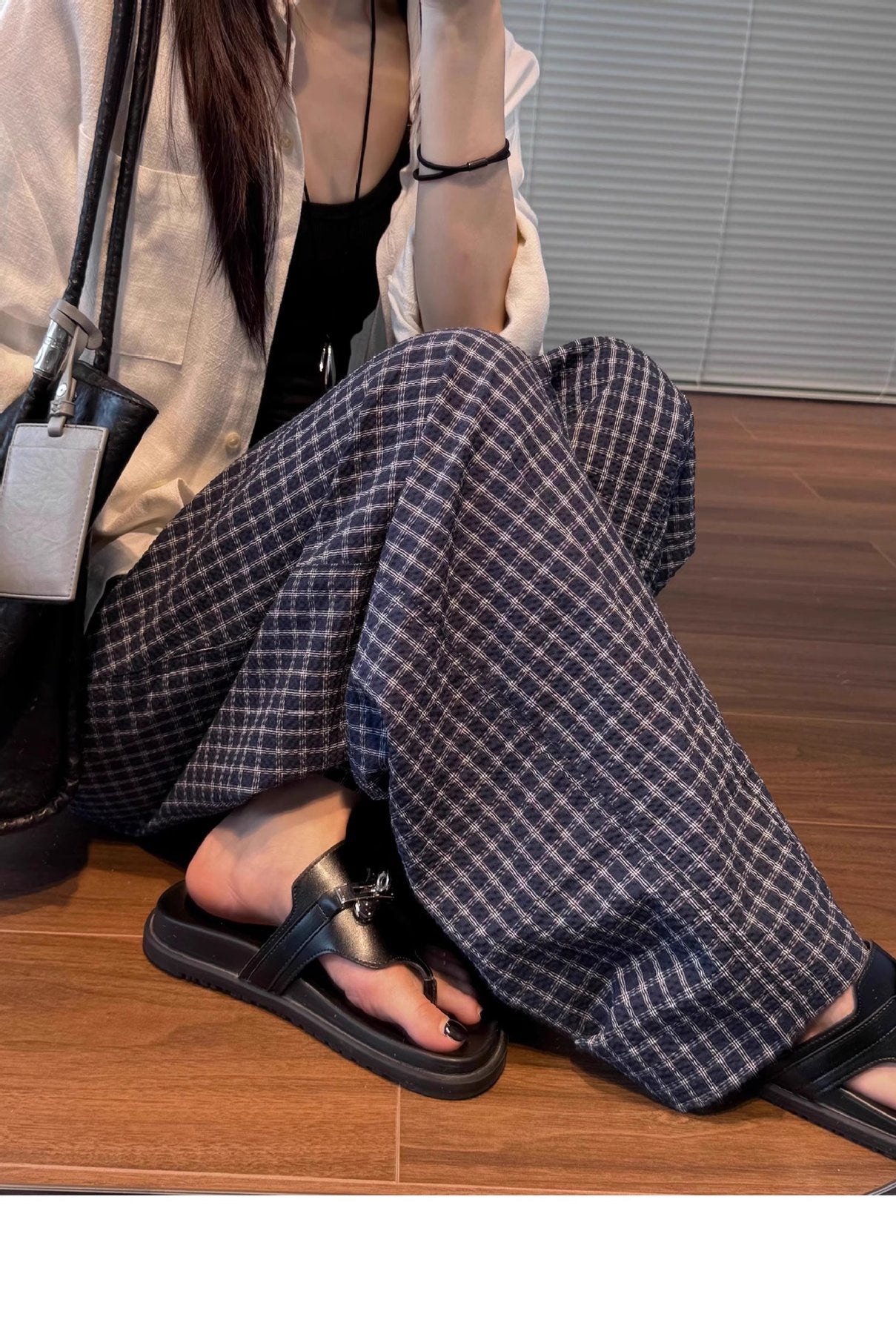 レディース パンツ チェック柄 ゆったり ワイド コットン 綿 春夏 カジュアル 春 夏 ロング 薄手 海 ハイウエスト