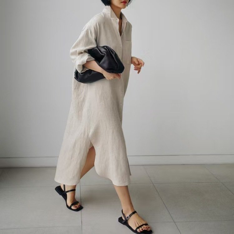 ドレス 長袖 無地 春夏 カジュアル きれいめ 春 夏 膝上 シンプル 秋 ミモレ ロング 上品 スリット ハイウエスト シック