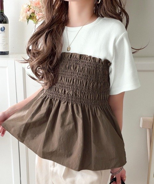 トップス Tシャツ ニット 半袖 春夏 きれいめ 通勤 春 ショート 夏 韓国ファッション シャツ 切り替えデザイン 都会的