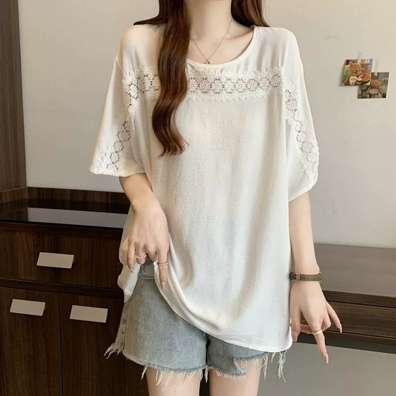 レディース シャツ トップス Tシャツ 半袖 無地 ゆったり 春夏 きれいめ 通勤 大きいサイズ おしゃれ 体型カバー 前開き 春 夏 ラウンドネック タイト レース シンプル 細身 シフォン タイ 都会的 レギュラー 着痩せ