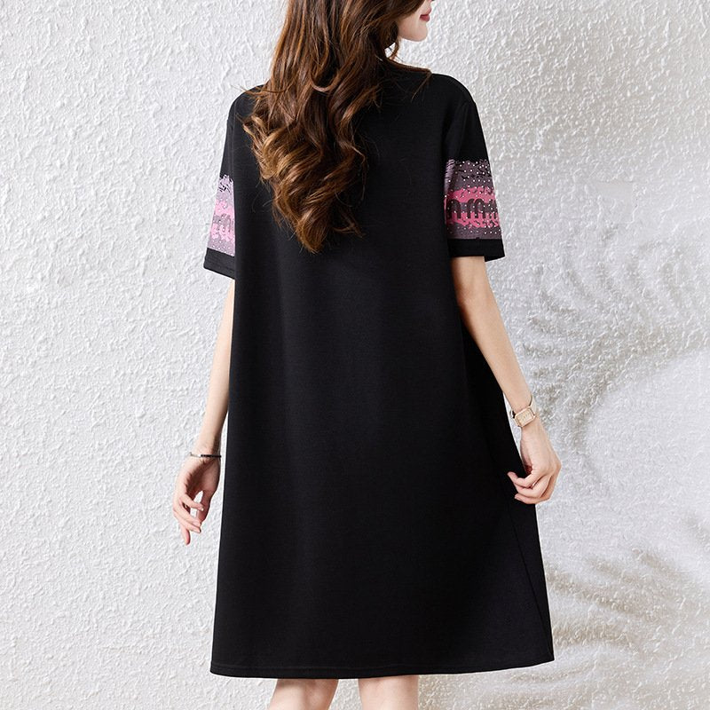 ワンピース ドレス 半袖 春夏 きれいめ レトロ 春 夏 黒 ラウンドネック ミモレ 上品 大きい