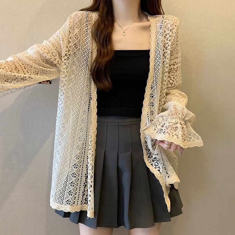 シャツ カーディガン 長袖 ゆったり 春夏 カジュアル 前開き 春 夏 レース ミモレ ベルスリーブ ポリエステル