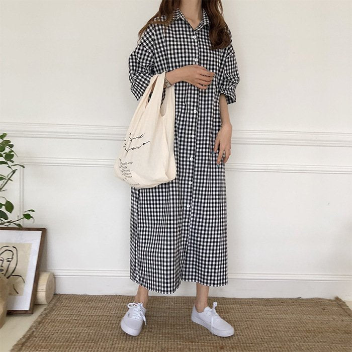 ワンピース 半袖 チェック柄 春夏 きれいめ 通勤 春 夏 ロング 襟付き 切り替えデザイン