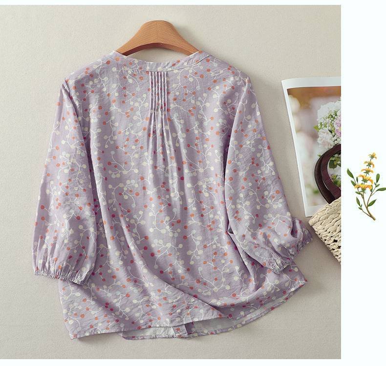レディース シャツ トップス Tシャツ ドット柄 プリント コットン 綿 麻 春夏 カジュアル きれいめ 通勤 前開き デニム 春 夏 エレガント 立ち襟 ドット