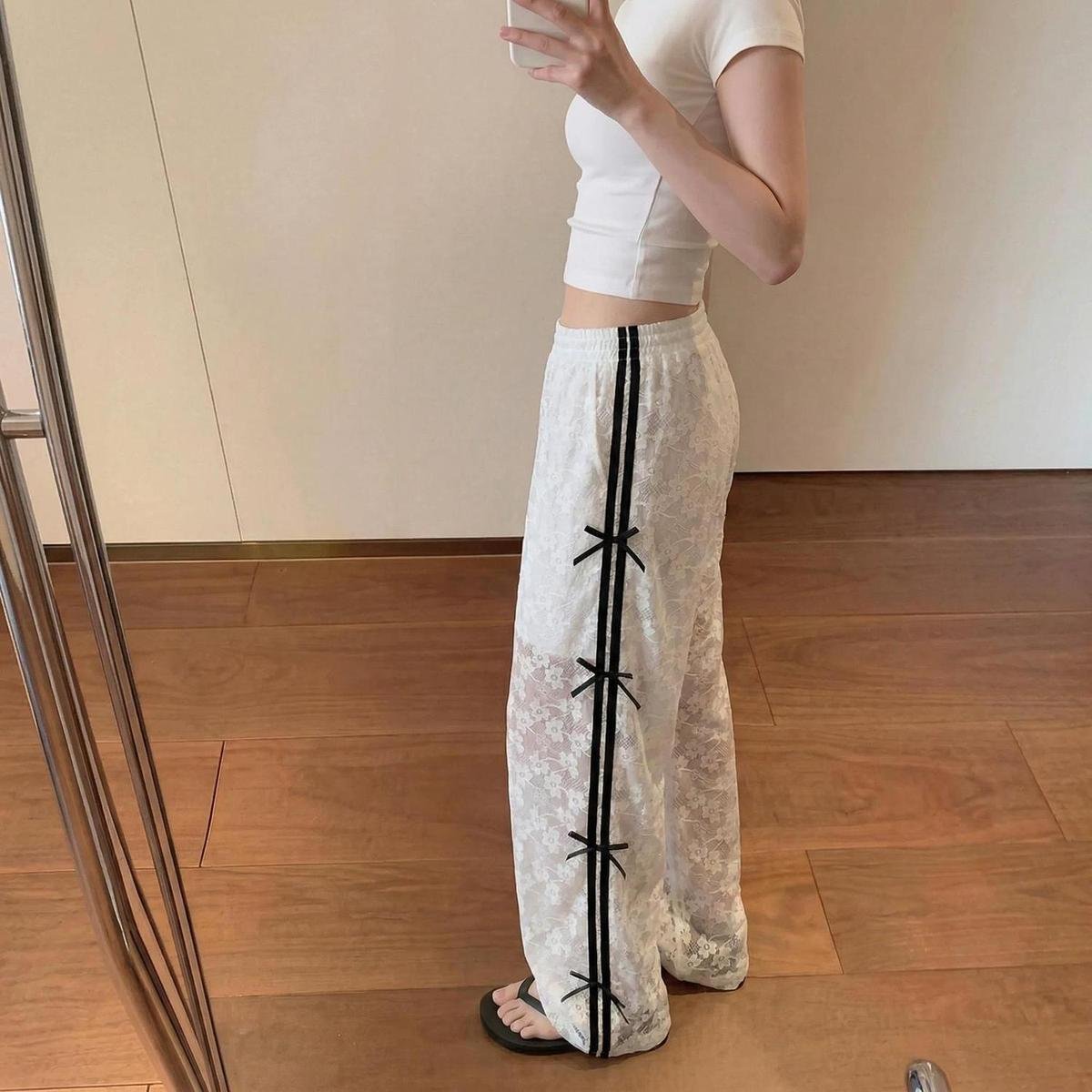 レディース パンツ スリム 春夏 カジュアル 春 白 夏 レース ストレートパンツ ロング ストレート 薄手 ハイウエスト 蝶 ポリエステル