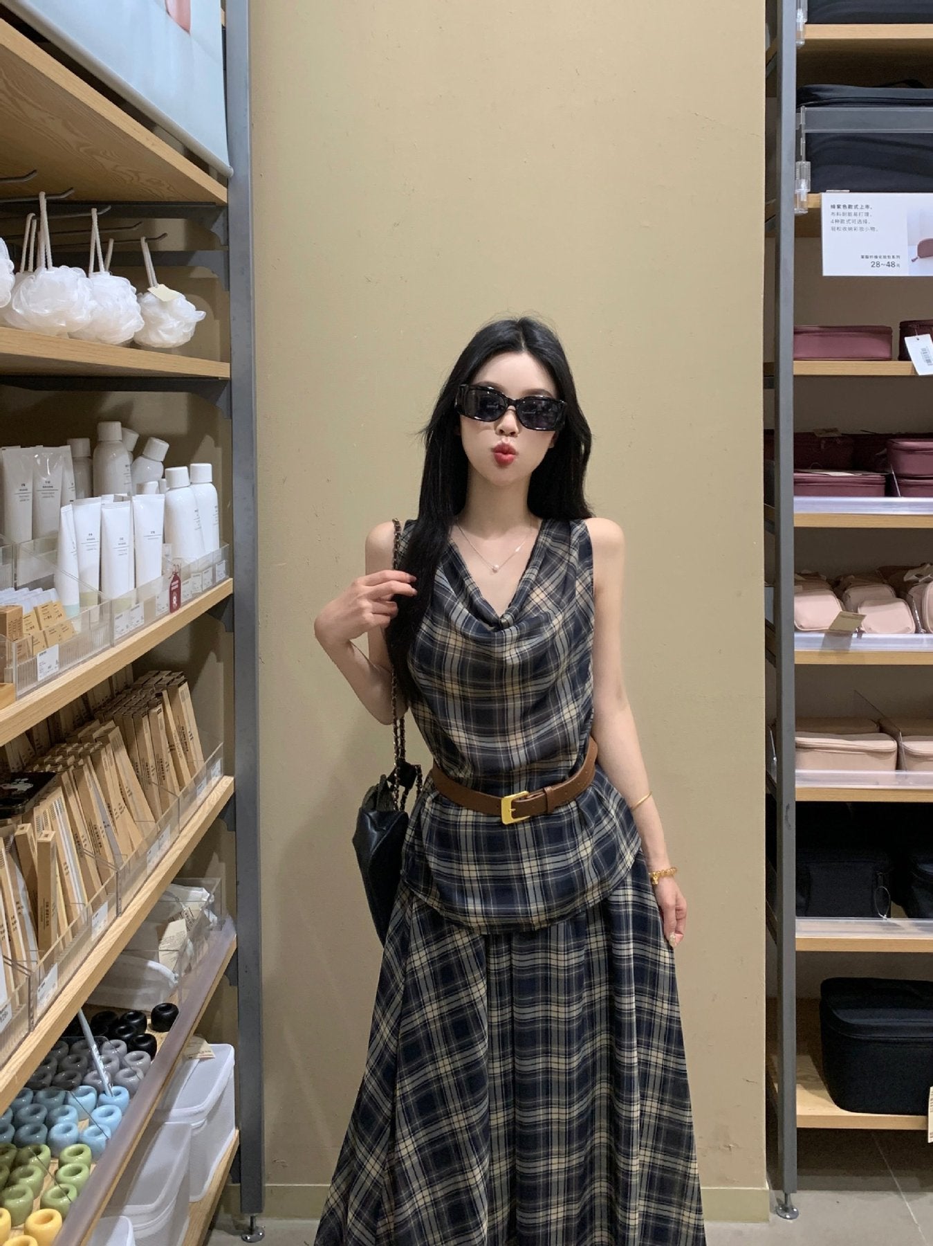レディース スカート ノースリーブ チェック柄 スリム 春夏 カジュアル 大きいサイズ ボトムス 袖なし 春 夏 ミモレ ハイウエスト ヴィンテージ セットアップ