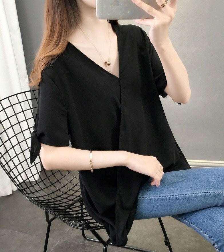 トップス シャツ シフォンシャツ 5分袖 Vネック プルオーバー 袖リボン 肌見せ かわいい 可愛い 大人可愛い きれいめ シンプル レトロ おしゃれ かっこいい カジュアル こなれ感 個性的 魅力的 主役級 存在感 抜け感 春 夏 ベーシック ナチュラル エレガント キュート ガーリー 無地 女性用 レディース ママ マタニティ OL 通勤 オフィス 学生 通学 デート お出かけ ランチ 旅行 休日 カフェ ショッピング 普段使い 着回し 重ね着 L XL 2XL 3XL 4XL 5XL 6XL