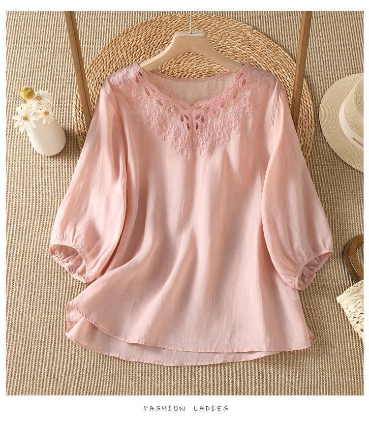 レディース シャツ Tシャツ 半袖 コットン 綿 デニム 春夏 カジュアル きれいめ 通勤 前開き 春 夏 刺繍 薄手 プルオーバー 透けない