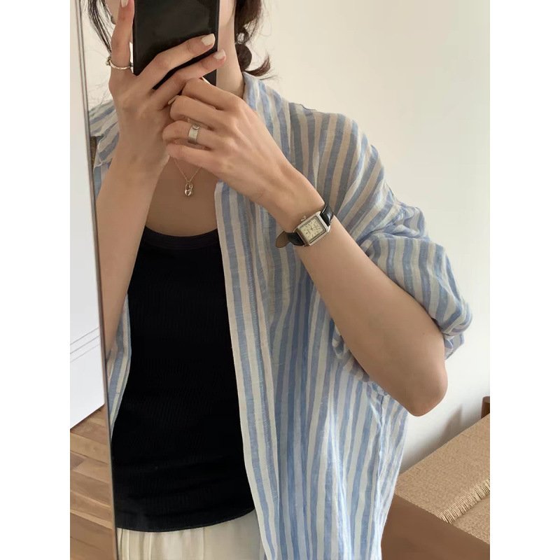 レディース シャツ トップス 長袖 ボーダー ストライプ チェック柄 ゆったり コットン 綿 リネン 夏 秋冬 きれいめ 通勤 着回し 体型カバー 韓国風 春夏 前開き 秋 冬 上品 ロング 薄手 襟付き ボタン