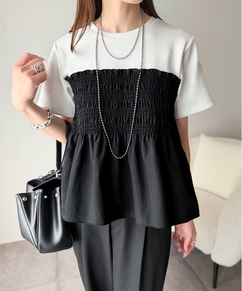 トップス Tシャツ ニット 半袖 春夏 きれいめ 通勤 春 ショート 夏 韓国ファッション シャツ 切り替えデザイン 都会的