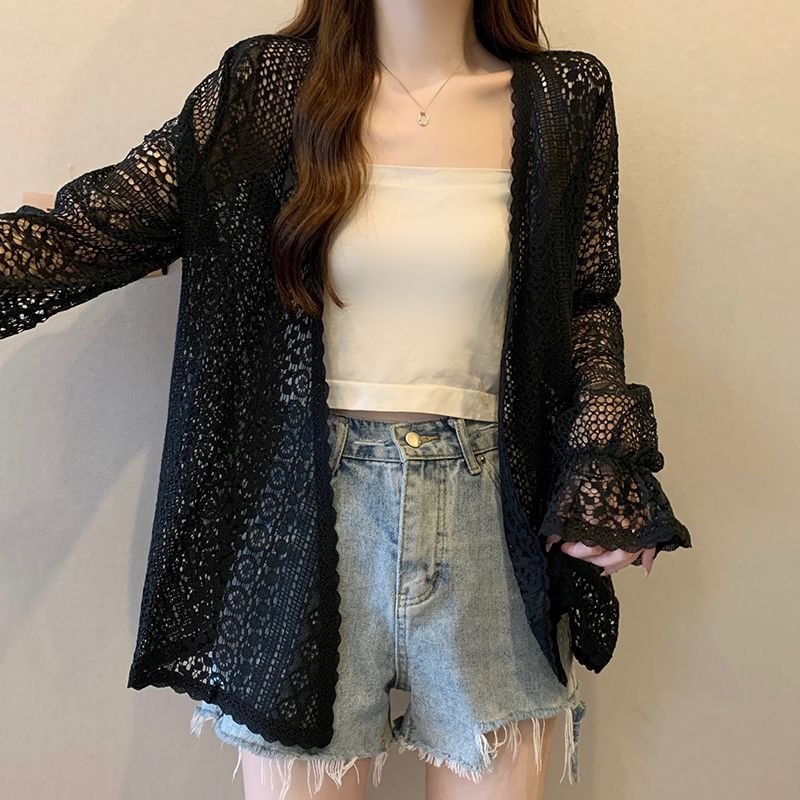 シャツ カーディガン 長袖 ゆったり 春夏 カジュアル 前開き 春 夏 レース ミモレ ベルスリーブ ポリエステル