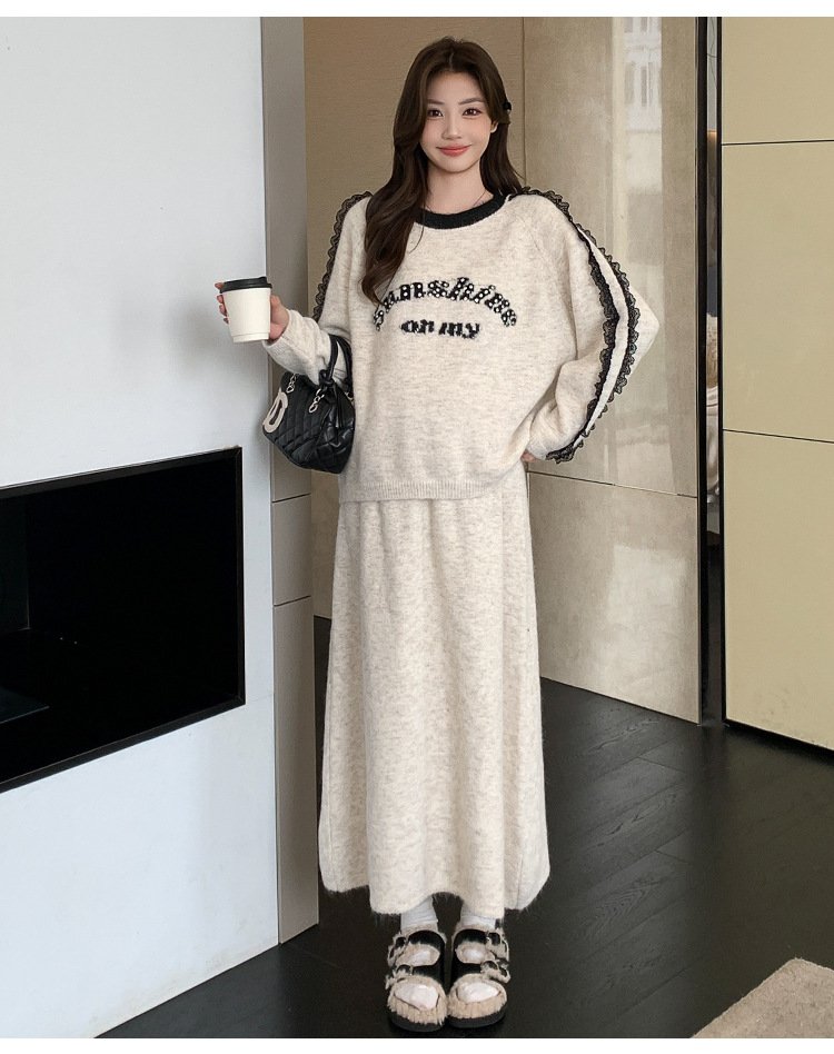 レディース 長袖 秋冬 秋 カジュアル レース 冬 マタニティ グレー 厚手 ベージュ スーツ パール セットアップ 丸首