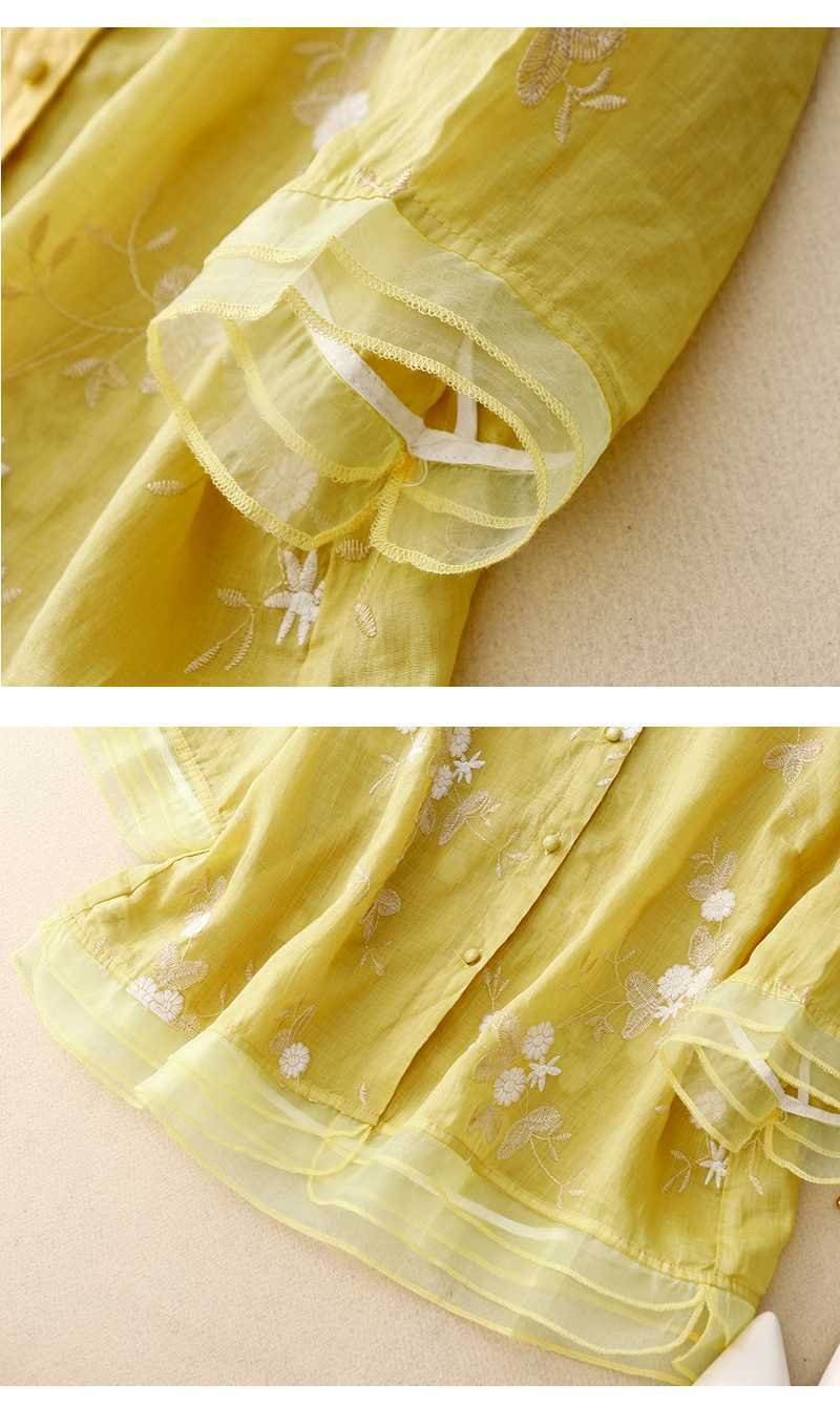 レディース ブラウス シャツ ゆったり コットン 綿 春夏 カジュアル レトロ 体型カバー 前開き 春 夏 刺繍 シースルー ポリエステル