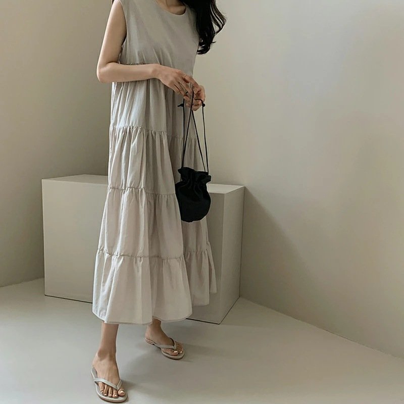 ドレス ノースリーブ ボーダー ストライプ 無地 秋 冬 袖なし ラウンドネック シンプル リゾート ロング フリル 切り替えデザイン
