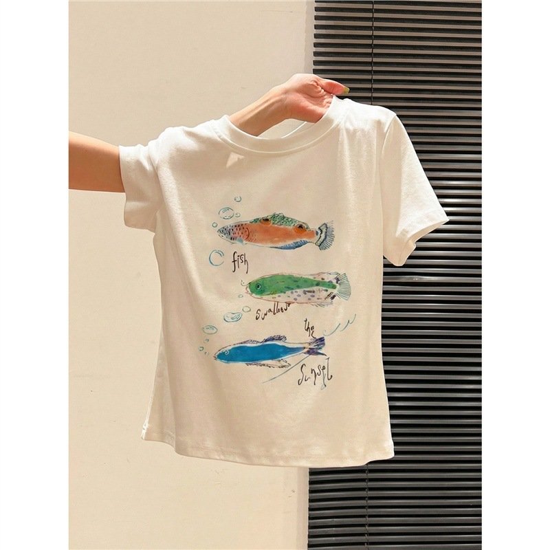 レディース Tシャツ 半袖 プリント スリム コットン 綿 春夏 ミニ 春 白 夏 ラウンドネック シャツ フェミニン ポリエステル