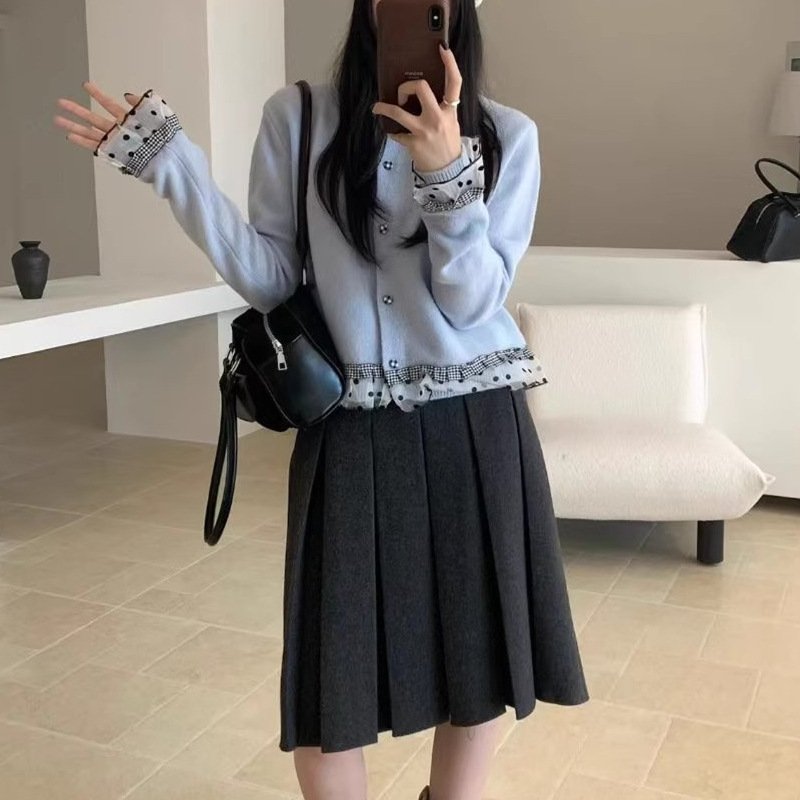 トップス ニット カーディガン 長袖 秋冬 秋 カジュアル ミニ ショート 膝丈 ラウンドネック レース 冬 切り替えデザイン セーター フェミニン ボタン