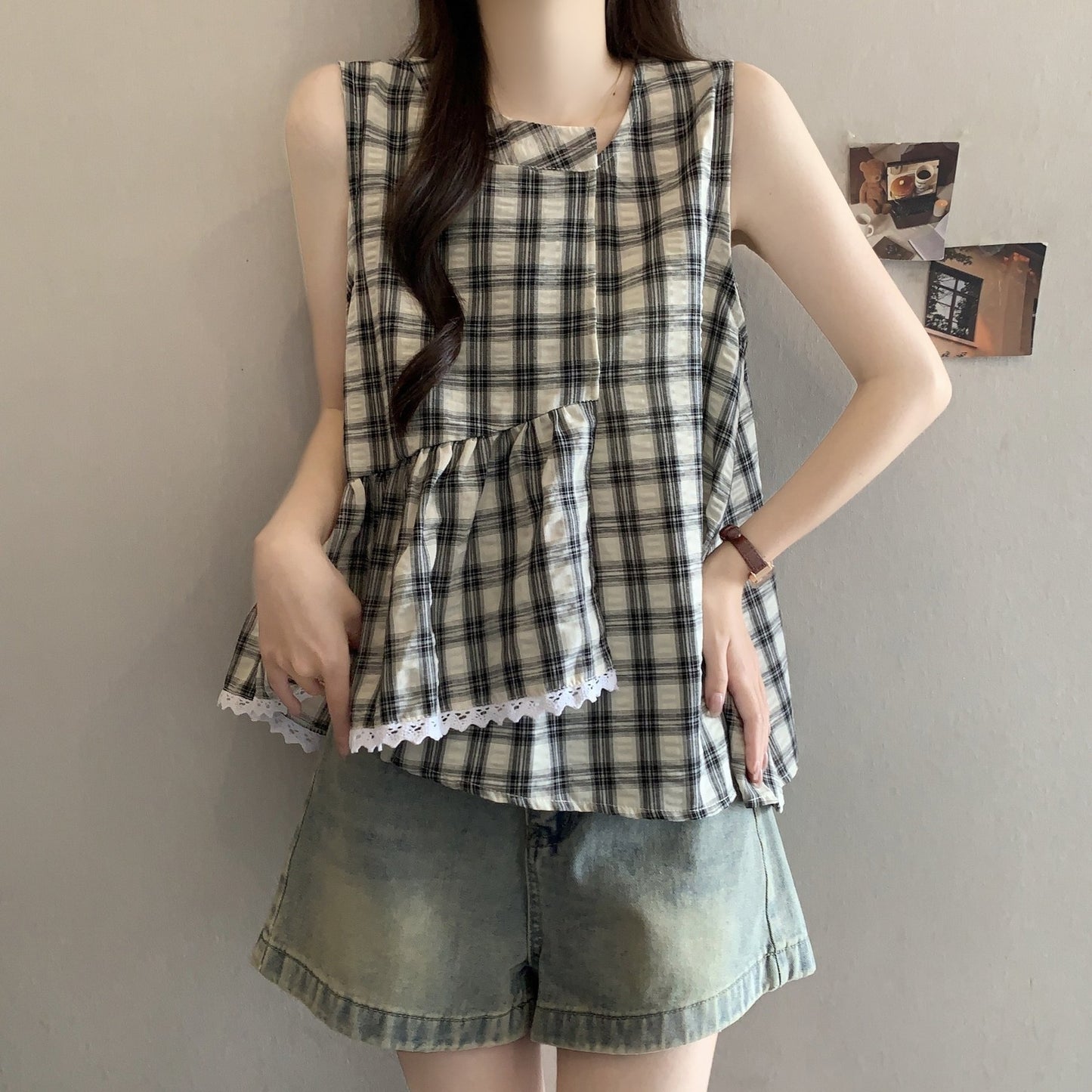 レディース シャツ チェック柄 春夏 きれいめ 大きいサイズ 前開き 春 夏 レース 上品 フリル Aライン レギュラー ポリエステル