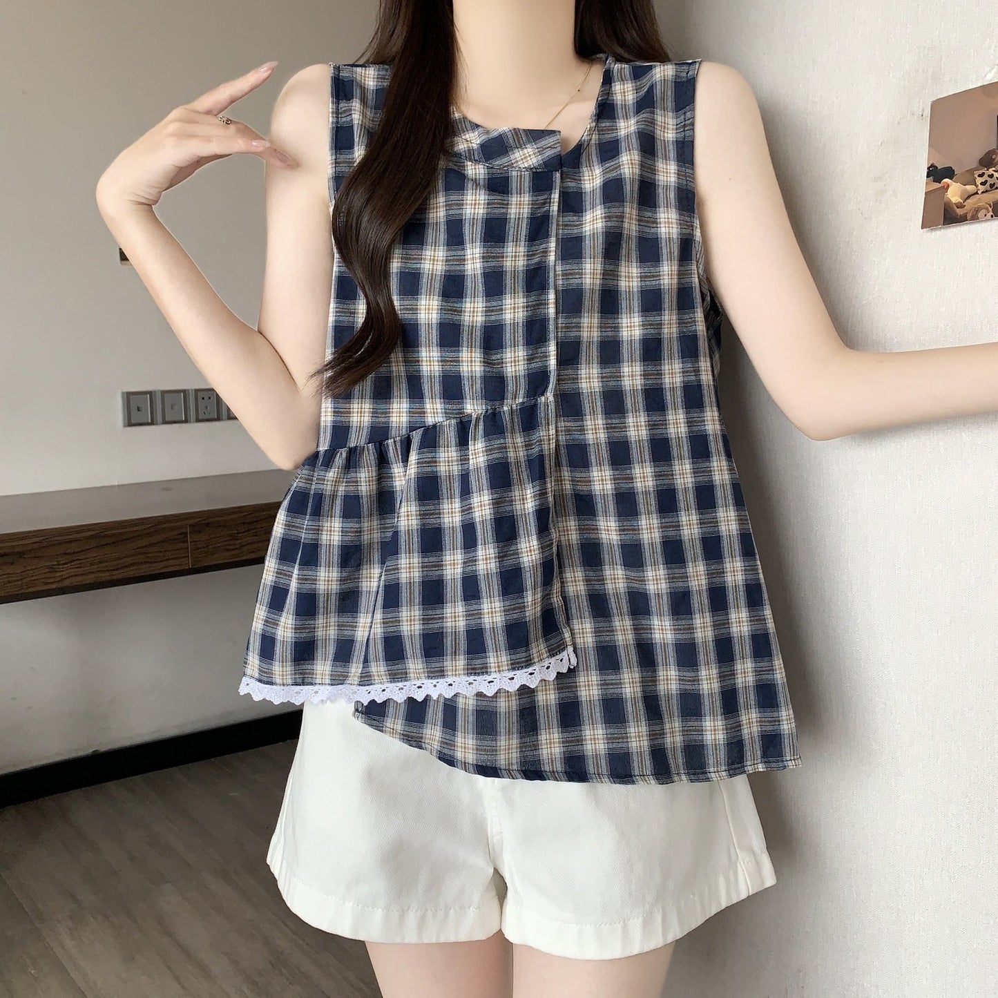 レディース シャツ チェック柄 春夏 きれいめ 大きいサイズ 前開き 春 夏 レース 上品 フリル Aライン レギュラー ポリエステル
