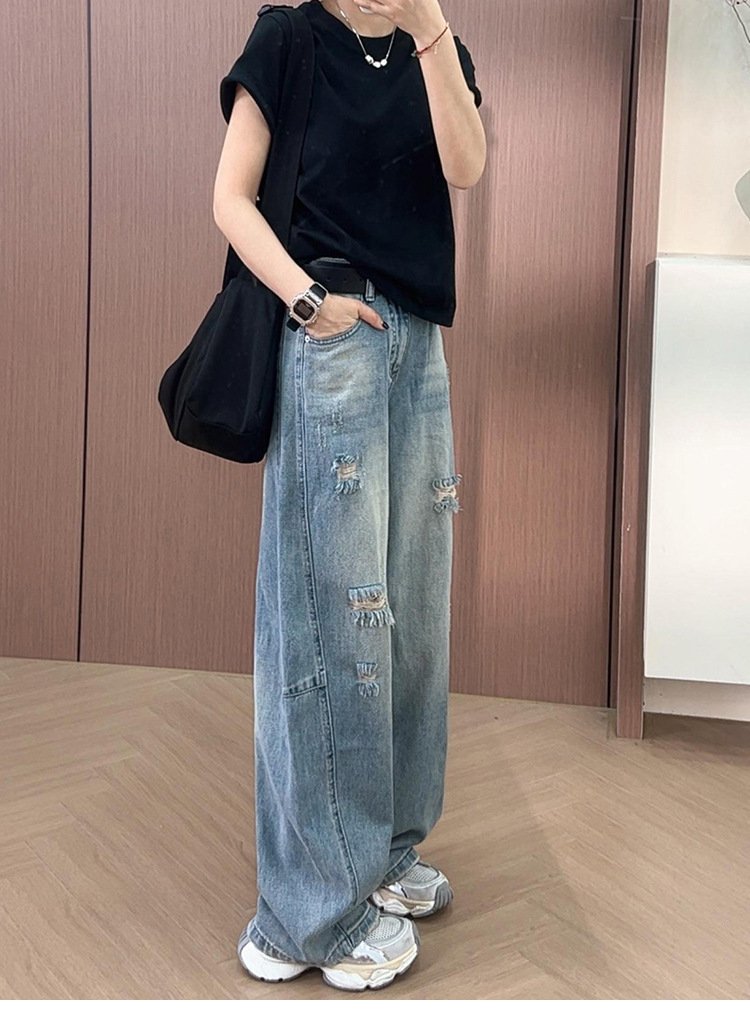 レディース パンツ ゆったり ワイド コットン 綿 デニム 夏 秋冬 カジュアル 大きいサイズ 秋 冬 スリム ロング ストレート ロングパンツ デニムパンツ ハイウエスト ダメージ